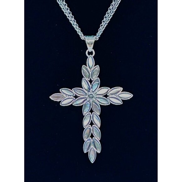 SVD Jewelry - Large Mother Of Pearl Cross Pendant Marquise Stainless Steel Floral Leaf Necklac